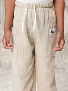 SUMWON Premium Pull-On Pants For Boys, Casual Summer Elastic Waist Drawstring Trousers, Perfect For Beach Vacation School Holiday, Breathable Kids Bottoms - Khaki - View 6