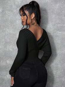 SHEIN X Lucía Bellido SHEIN SXY Áo len dài tay hở vai màu trơn ôm vừa vặn cho nữ, Thu/Đông, Áo dài tay - màu đen - Xem 2