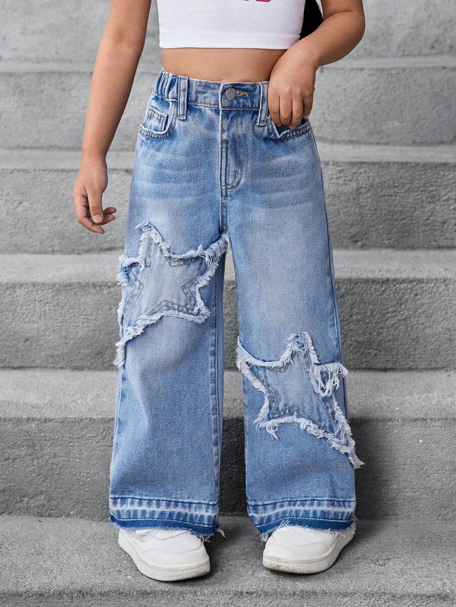 SHEIN Young Girls' Y2K Casual Everyday Ripped Star Embellished Blue Denim Jeans, Minimalist Style,Kid Girls Spring And Summer Casual Vacation Wear
