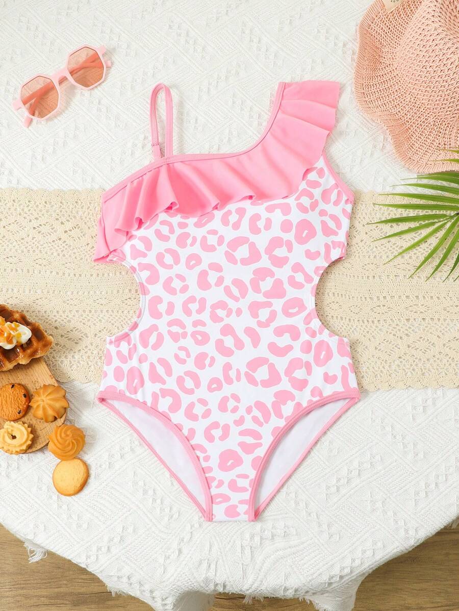 Tween Girl 1-Piece Swimsuit With Leopard Print, Ruffle Trim & Cutout Side Design - Multicolor - View 1