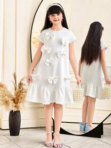SHEIN Tween Girls Casual Elegant 3D Bow Decor, Pearl Embellished Wavy Hem A-Line Knit Solid Color Short Sleeve Dress
