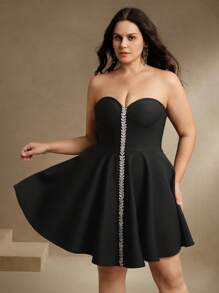 Anewsta Elegant Black And White Summer Curve Plus Size Women Wedding Guest Cocktail Dress,Sparkling Rhinestone Decor,High Waisted A-Line Silhouette,Goddess - Black - View 4