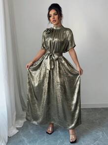 Elenzga Women's Summer Occasion Casual Loose Dress, Gold & Green Floral Decor Bat Wing Sleeves, V-Neck Maxi Gown Dress, Suitable For Outing, Date, Holiday, Eid, Music Festival, Wedding