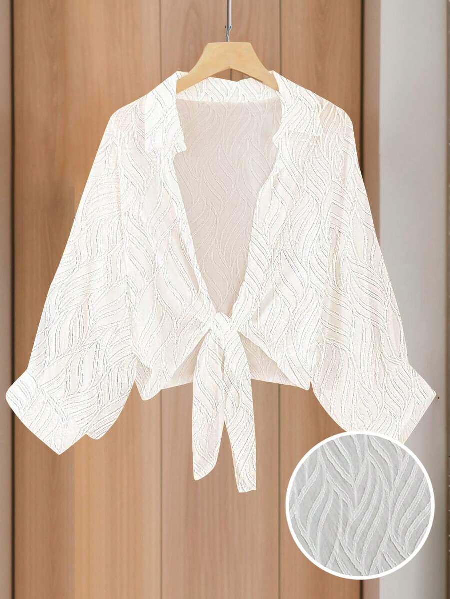 Calvaya 大码女式雪纺宽松系带花卉印花优雅白色休闲衬衫