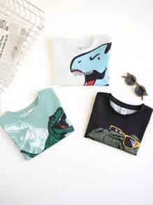 3pcs Young Boys Leisure Street Japanese And Korean Cute Loose Card Cute Cartoon Dinosaur Printed Round Neck Short Sleeve T-Shirt Multi Piece Set Suitable For Daily Travel, Sports, Home Vacation Wearing Suitable For Spring And Summer Festivals