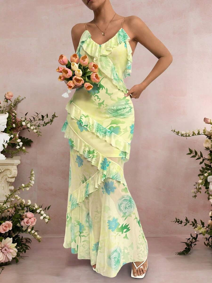 Breezaya Floral Print Ruffled Cami Dress Maxi Vacation Beach Outfits Women - Multicolor - View 1