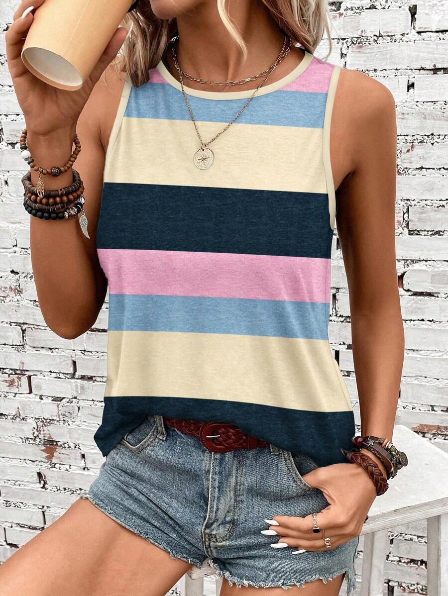 SHEIN LUNE Casual Stitching Striped Pattern Round Neck Women's Tank Top Suitable For Spring And Summer - Multicolor - View 1