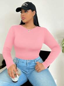 SHEIN PETITE CURVE 大码纯色圆领长袖紧身衣 - 粉色 - 查看 4