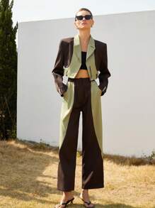 Aveloria Modichic 2pcs Women's Fashion Young Rebel Contrast Color Utility Cropped Jacket & Pants Suit Set