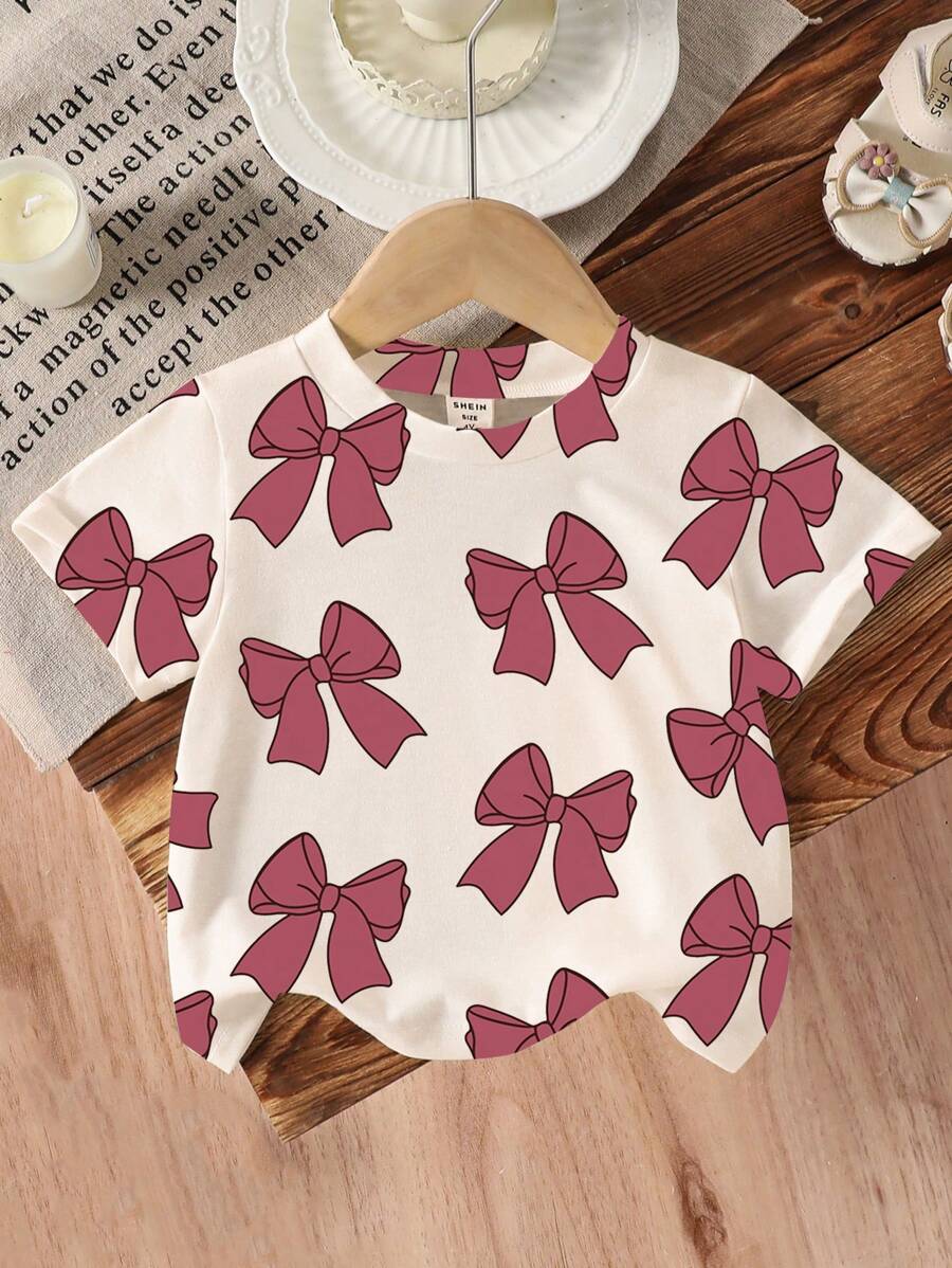 SHEIN Young Girl Bow Print Round Neck Short Sleeve Tee Summer Holiday - Multicolor - View 1