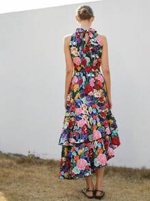 Aveloria Modichic Romantic Floral Printed Dress With Small Stand Collar, Bow Back Design, Waist Gathering, Asymmetrical Hem, High Slit, Sleeveless, Maxi Length For Women