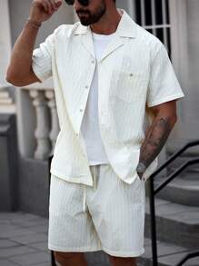 Manfinity Homme Plus Size Men's Simple Casual Short Sleeve Shirt And Shorts Set, Fashionable For Daily Wear - Beige - View 4