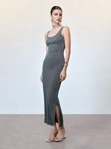 SHEIN Unity Women's Sand Washed Elegant Pearl Decor Cotton Slim Fit Bodycon Tank Maxi Dress,Charcoal Gray Summer Dinner Date Vacation Beach Wear Outfit - Grey - View 6
