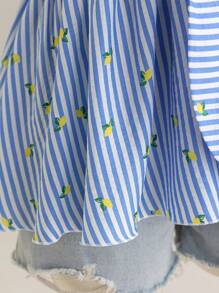 Soleia Plus Size Women Vacation Spring Blue Striped Lemon Printed Cap Sleeve Front Tie Hem Blouse - Multicolor - View 3