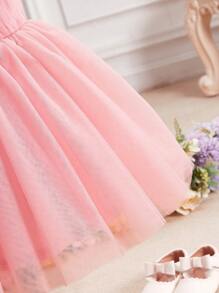 SHEIN Babygirl Elegant And Cute Pink Mesh Sleeveless Dress, Summer Dress - Pink - View 3