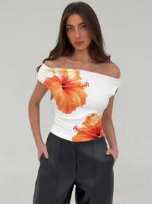 Aloruh Áo crop top hở vai họa tiết hoa dâm bụt thường ngày, cổ bất đối xứng, gợi cảm, áo cánh mùa hè họa tiết hoa thích hợp cho kỳ nghỉ ở bãi biển, kỳ nghỉ xuân, những buổi hẹn hò sang trọng, lễ hội âm nhạc - trắng - Xem 5