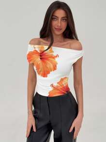 Aloruh Áo crop top hở vai họa tiết hoa dâm bụt thường ngày, cổ bất đối xứng, gợi cảm, áo cánh mùa hè họa tiết hoa thích hợp cho kỳ nghỉ ở bãi biển, kỳ nghỉ xuân, những buổi hẹn hò sang trọng, lễ hội âm nhạc - trắng - Xem 3