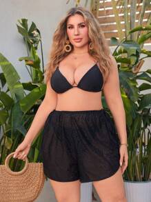 SHEIN Swim Curve Plus Size Women's 1pc Drawstring Leopard Jacquard Boardshorts, Sexy Casual Resort Beach Shorts, For Summer Beach Vacation