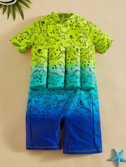SHEIN Traje de baño de una pieza con efecto de flotabilidad para niños pequeños, con estampado de tiburón de dibujos animados y degradado de colores, apto para playa, natación, surf, vacaciones en primavera y verano