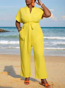 Slaydiva 2025 New Style / Rave / Easter Outfit For Women / Old Money Style For Women / Country Concert Outfit / Going Out Outfits / Fairycore / Festival Outfits / Tropical Vacation Women Clothes Outfit / Solid Yellow Short Sleeve Button Up Top With Tie Front, Plus Size / Western Wear For Plus Size Women / Green V-Neck Short Sleeve Wrap Pocket Romper / Rompers For Women Summer