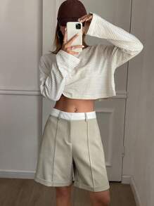 Livesso Women's Casual Patchwork Color Block Straight Pocket Shorts, Spring/Summer - Khaki - View 7