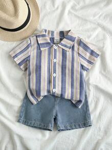 SHEIN Vintaside Kids Baby Boy Casual Outfit Set: Collared Short Sleeve Striped Shirt With Washed Denim Shorts, Suitable For Spring/Summer Wear, Home, Vacation, Gathering, Providing Comfortable And Fashionable Look - Multicolor - View 1