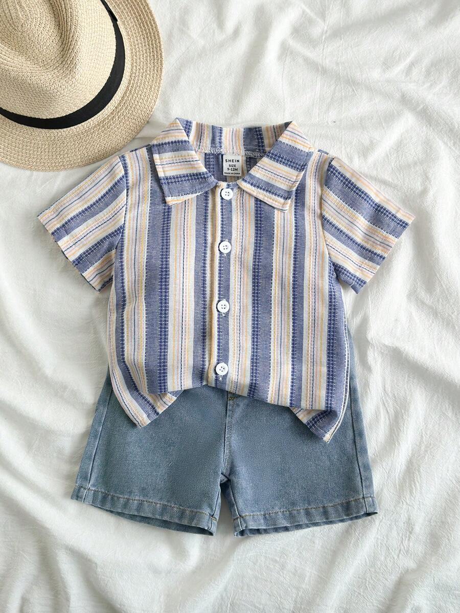 SHEIN Vintaside Kids Baby Boy Casual Outfit Set: Collared Short Sleeve Striped Shirt With Washed Denim Shorts, Suitable For Spring/Summer Wear, Home, Vacation, Gathering, Providing Comfortable And Fashionable Look - Multicolor - View 1