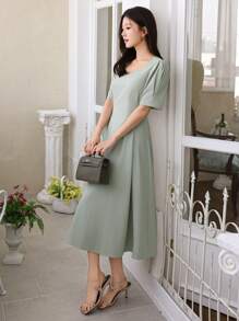 DAZY Đầm dài xếp ly tay phồng màu trơn dành cho nữ, kiểu dáng thanh lịch cho lễ Phục sinh. - màu xanh lá - Xem 6