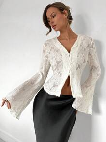 Almamuse Fashionable, Romantic And Elegant Solid Color Lace Bell Sleeve Blouse Fall Cloth For Women - White - View 6