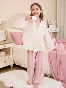 Tween Girl Simple Collar Button Down Pockets Long Sleeve Top And Loose Comfy Jacquard Knit Pants 2Pcs Pajamas Set Pj Sets For Teens Girls Pajama Sets For Teens Pajama Sets For Teen Girls - Baby Pink - View 4