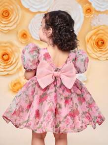 SHEIN Baby Girl Elegant Floral Print Organza Short Sleeve Dress, Summer - Pink - View 9