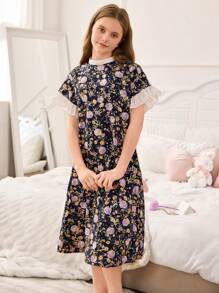 青少年女孩优雅休闲碎花荷叶边长袖睡裙家居服 - 藏蓝色 - 查看 6