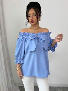 Elenzga New Design Frill Trim Bowknot Women Blouse - Blue - View 3