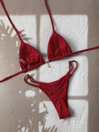 Swim Chiccia Women's Plain Color Metal Pendant Decoration Sexy Halter Bikini Set Summer