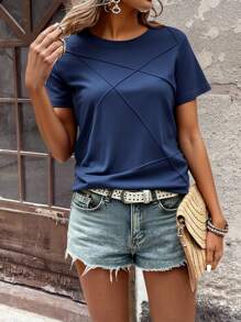 SHEIN LUNE T-shirt col rond de conception fendue de couleur unie décontractée