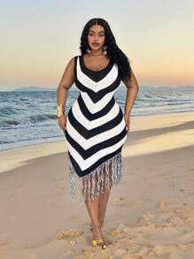 Slaydiva فستان كنزة ذو رقبة على شكل حرف V وأطراف متدلية، بلون أبيض وأسود عصري، موسم 2025 ، تصميم كاجوال محدود البساطة، مقاسات كبيرة