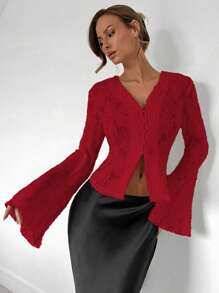 Almamuse 女士长袖简约休闲时尚浪漫性感蕾丝衬衫 - 紅色 - 查看 5