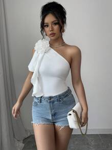 Chiquease Romantic Floral Print Bodysuit, Ruffle Trim White Elegant Bodysuit