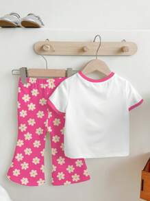 SHEIN Leap Crew Cute Floral Print, Pink Flowers, "Daddy's Girl" Graphic, Baby Girl Casual Minimalist Short Sleeve Round Neck & Pants 2 Pieces Set, Suitable For Spring/Summer - Multicolor - View 3