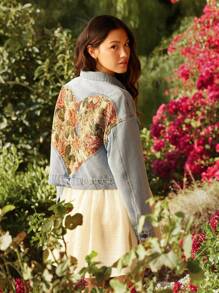 WESTFADE 夏季乡村音乐会花卉图案挂毯提花心形后领前扣长袖牛仔卡车司机夹克，带口袋