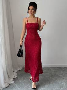 Elenzga Women's Fitted Lace Dress With Mermaid Hemline - Burgundy - View 3