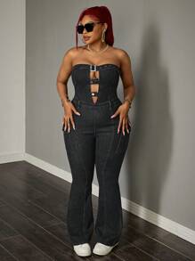 Slaydiva Mono de mezclilla ajustable con hebilla para talla grande, elástico y sexy - Negro - Ver 1