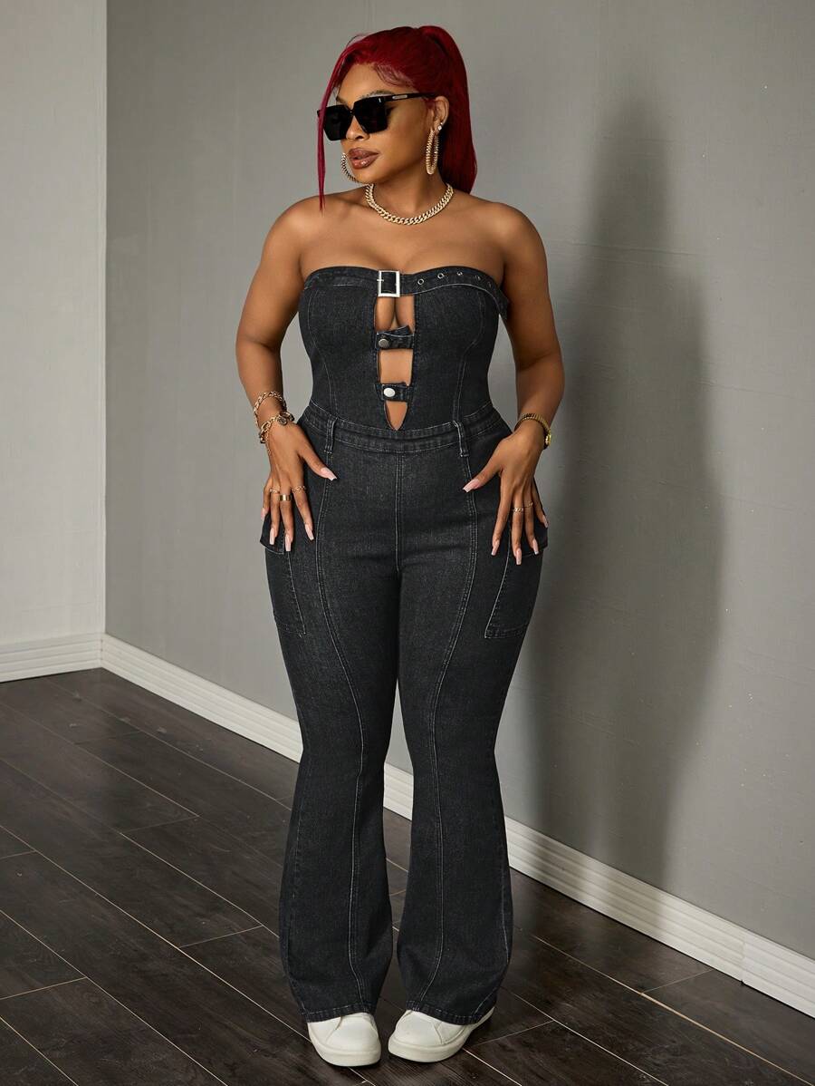 Slaydiva Mono de mezclilla ajustable con hebilla para talla grande, elástico y sexy - Negro - Ver 1