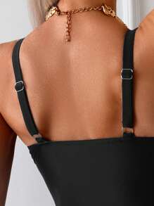 Swim Chiccia Women's Simple Solid Ribbed One Piece Swimsuit For Summer Beach Vacation - Black - View 5