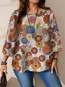 EMERY ROSE 女式大码休闲全身印花宽松圆领 3/4 袖衬衫，秋冬 - 彩色 - 查看 5