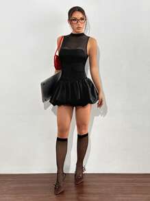 SHEIN EZwear Summer Mesh Panel  Hem Mini Dress Graduaion Dress - Black - View 4