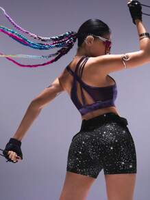 Innovista Women Activewear Foil Print Sports Bra, Faux Leather & Metallic Shine Gym Top, Hollow Out Abstract Print Breathable & Elastic Workout Outfits, Fitness Tank, Marbling Tie-Dye Print, Edgy &Unique Sleek & Lux Tracksuit, Music Festival, Party, Dance, Electric, Yoga, Mat, Pilates, Running, Cardio, Going Out, Athleisure,Strength, Weights,Purple,Y2K,Autumn Gear,Bikini,Bathing Suit,Autumn Fall Gear - Purple - View 9