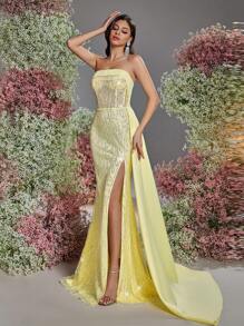 Glamrae 优雅奢华亮片点缀缎面露肩开叉下摆美人鱼长裙，带有层叠荷叶边细节，婚礼宾客礼服，适合婚礼、舞会、派对、节日、晚会（大量点缀） - 黃色 - 查看 7