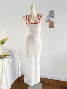 Soleia New Vacation Knitted Rib-Knit Design Contrast Color Sleeveless Cami Dress, Casual Resort Western Beach Wedding Guest Outfit, Spring/Summer Graduation Brunch, St. Patrick's Day Spring Break, Easter Music Festival, Elegant Bohemian Tropical