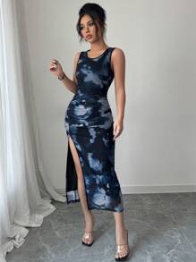 Elenzga Summer New Tie-Dye Tie Dye Mesh Slit Bodycon Dress - Multicolor - View 6